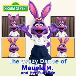 A Sesame Street poster featuring Manuela, a purple bunny with a white shirt, dark blue skirt, black shoes, and a tiara