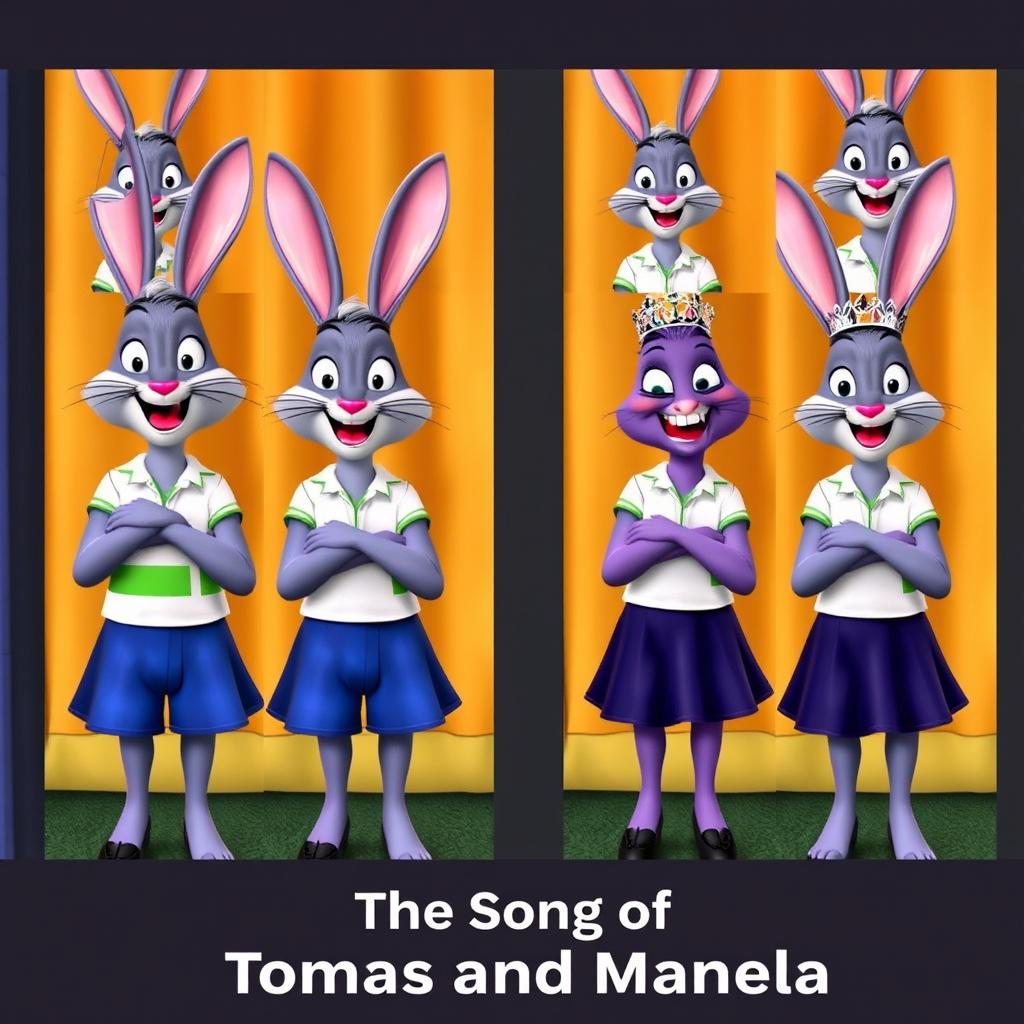 A Disney Pixar style image featuring Tomás, a grey bunny with a white shirt and green stripes, blue shorts, and Manuela, a purple bunny with a white shirt, dark blue skirt, black shoes, and a tiara