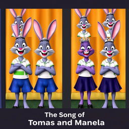 A Disney Pixar style image featuring Tomás, a grey bunny with a white shirt and green stripes, blue shorts, and Manuela, a purple bunny with a white shirt, dark blue skirt, black shoes, and a tiara