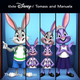 A Disney Pixar style image featuring Tomás, a grey bunny with a white shirt and green stripes, blue shorts, and Manuela, a purple bunny with a white shirt, dark blue skirt, black shoes, and a tiara