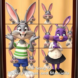 A Disney Pixar style image featuring Tomás, a grey bunny with a white shirt and green stripes, blue shorts, and Manuela, a purple bunny with a white shirt, dark blue skirt, black shoes, and a tiara