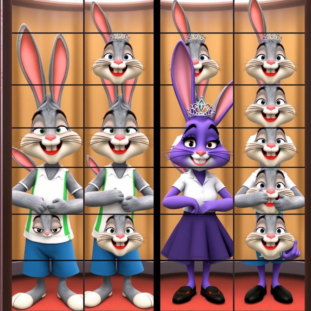 A Disney Pixar style image featuring Tomás, a grey bunny with a white shirt and green stripes, blue shorts, and Manuela, a purple bunny with a white shirt, dark blue skirt, black shoes, and a tiara