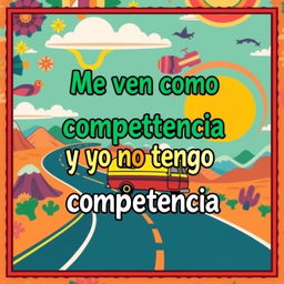 Design a vibrant poster for a caravan with the phrase "Me ven como competencia y yo no tengo competencia" prominently displayed