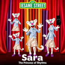 A Sesame Street puppetry series poster presenting Sara, a white cheetah wearing a light blue shirt, shimmering white skirt, and purple shoes