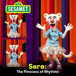 A Sesame Street puppetry series poster presenting Sara, a white cheetah wearing a light blue shirt, shimmering white skirt, and purple shoes