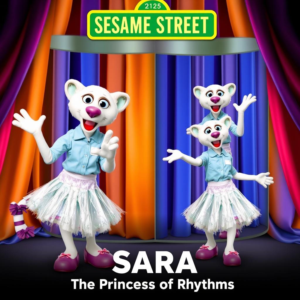 A Sesame Street puppetry series poster presenting Sara, a white cheetah wearing a light blue shirt, shimmering white skirt, and purple shoes