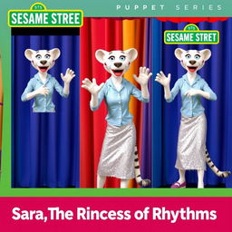 A Sesame Street puppetry series poster presenting Sara, a white cheetah wearing a light blue shirt, shimmering white skirt, and purple shoes