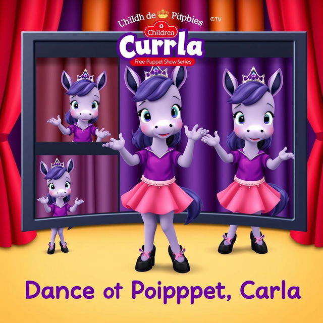 A children's puppet show series poster featuring Carla, a violet foal wearing a purple shirt, pink skirt, black shoes with pink details, and a tiara