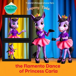 A children's puppet show series poster featuring Carla, a violet foal wearing a purple shirt, pink skirt, black shoes with pink details, and a tiara