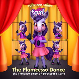 A children's puppet show series poster featuring Carla, a violet foal wearing a purple shirt, pink skirt, black shoes with pink details, and a tiara