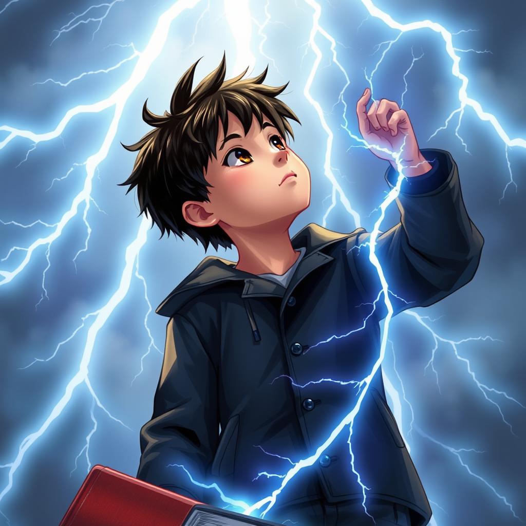 A 14-year-old boy on a book cover, with messy black hair and brown eyes, wearing a black coat and navy blue pants