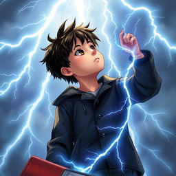 A 14-year-old boy on a book cover, with messy black hair and brown eyes, wearing a black coat and navy blue pants