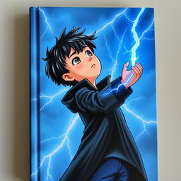 A 14-year-old boy on a book cover, with messy black hair and brown eyes, wearing a black coat and navy blue pants