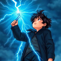 A 14-year-old boy on a book cover, with messy black hair and brown eyes, wearing a black coat and navy blue pants