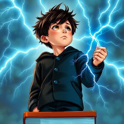 A 14-year-old boy on a book cover, with messy black hair and brown eyes, wearing a black coat and navy blue pants