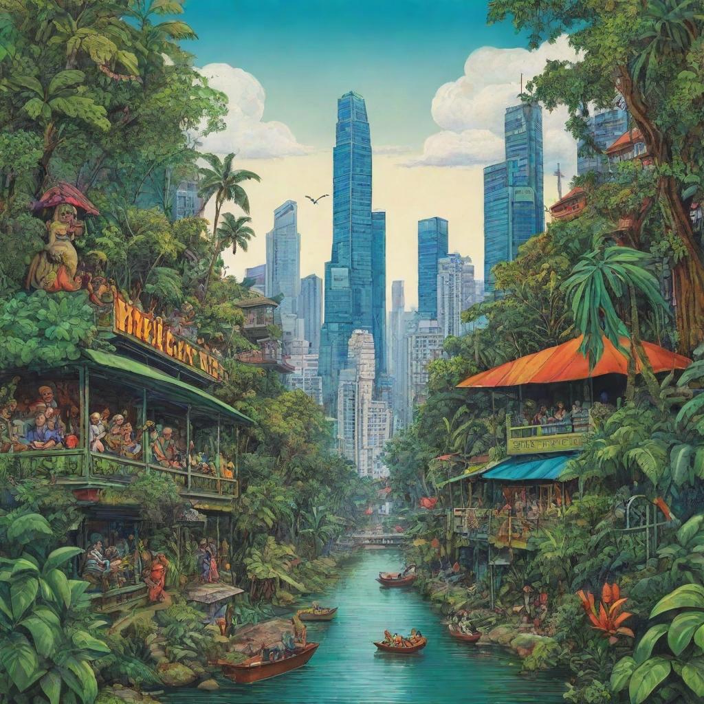 Caricature-style book cover displaying a juxtaposition of the vibrant jungle and the bustling cityscape.