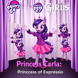 A magazine cover for the Equestria Girls Dancers series featuring Carla, a violet foal with a purple shirt, pink skirt, black shoes adorned with pink details, and a tiara