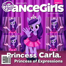 A magazine cover for the Equestria Girls Dancers series featuring Carla, a violet foal with a purple shirt, pink skirt, black shoes adorned with pink details, and a tiara