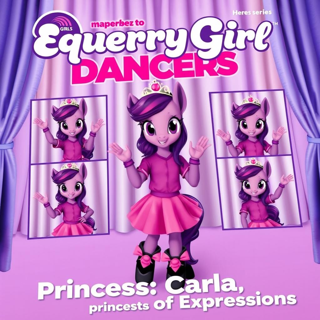 A magazine cover for the Equestria Girls Dancers series featuring Carla, a violet foal with a purple shirt, pink skirt, black shoes adorned with pink details, and a tiara