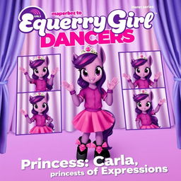 A magazine cover for the Equestria Girls Dancers series featuring Carla, a violet foal with a purple shirt, pink skirt, black shoes adorned with pink details, and a tiara