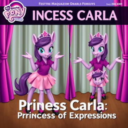 A magazine cover for the Equestria Girls Dancers series featuring Carla, a violet foal with a purple shirt, pink skirt, black shoes adorned with pink details, and a tiara