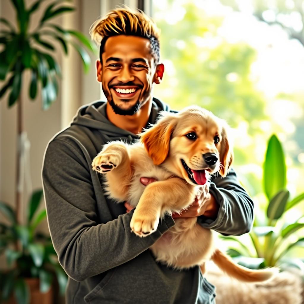 Neymar holding a dog with a warm smile, creating a heartwarming and affectionate scene