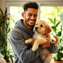 Neymar holding a dog with a warm smile, creating a heartwarming and affectionate scene