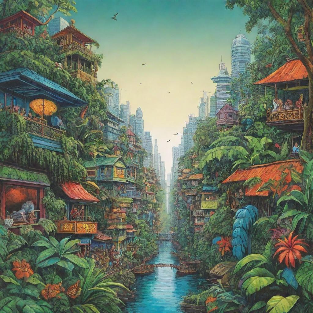 Caricature-style book cover displaying a juxtaposition of the vibrant jungle and the bustling cityscape.