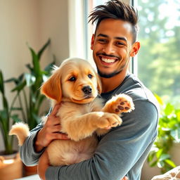 Neymar holding a dog with a warm smile, creating a heartwarming and affectionate scene