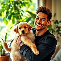 Neymar holding a dog with a warm smile, creating a heartwarming and affectionate scene