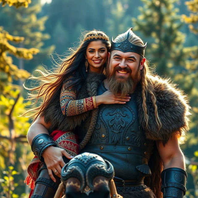 A stunning Peruvian princess straddling a powerful Viking, set in a lush, forest backdrop