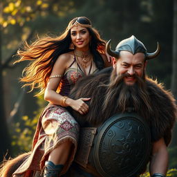 A stunning Peruvian princess straddling a powerful Viking, set in a lush, forest backdrop