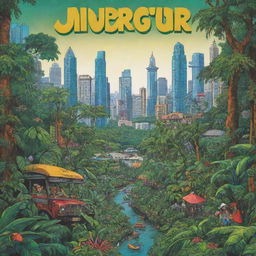 Caricature-style book cover displaying a juxtaposition of the vibrant jungle and the bustling cityscape.