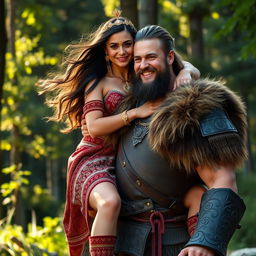 A stunning Peruvian princess straddling a powerful Viking, set in a lush, forest backdrop