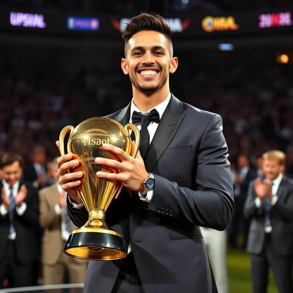 Neymar Junior holding a golden football trophy with pride and charisma