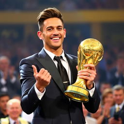 Neymar Junior holding a golden football trophy with pride and charisma