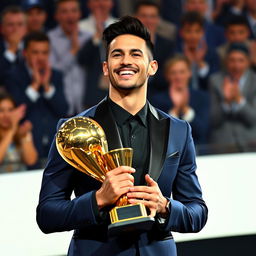 Neymar Junior holding a golden football trophy with pride and charisma