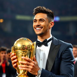 Neymar Junior holding a golden football trophy with pride and charisma