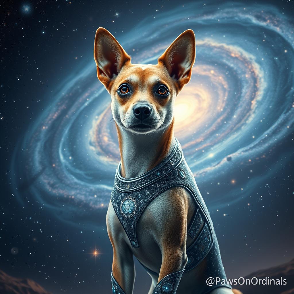 A surreal cosmic scene featuring a dog with the body of a humanoid girl