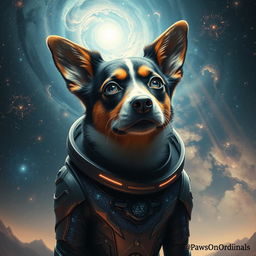 A surreal cosmic scene featuring a dog with the body of a humanoid girl