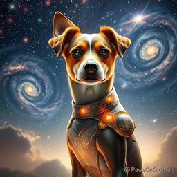 A surreal cosmic scene featuring a dog with the body of a humanoid girl