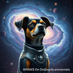 A surreal cosmic scene featuring a dog with the body of a humanoid girl