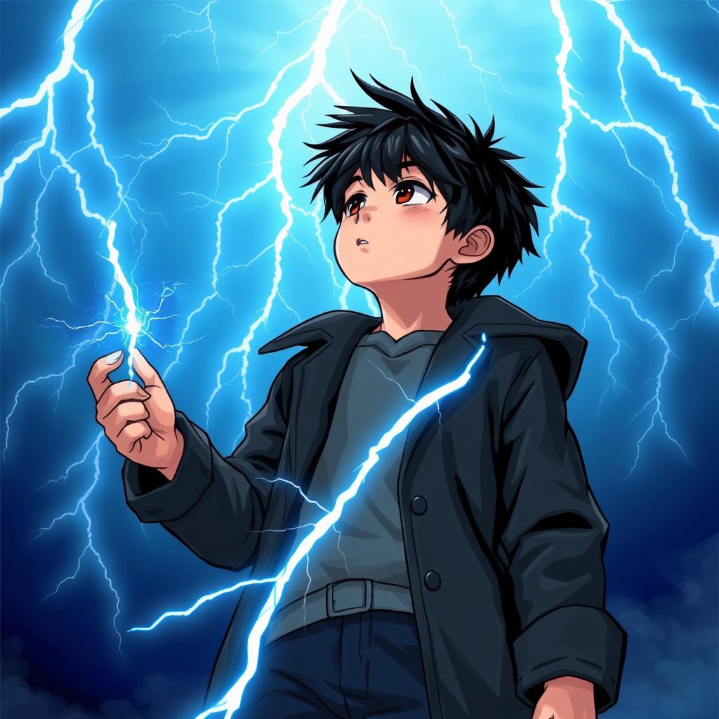 A 14-year-old boy with messy black hair and brown eyes, wearing a black coat and navy blue pants