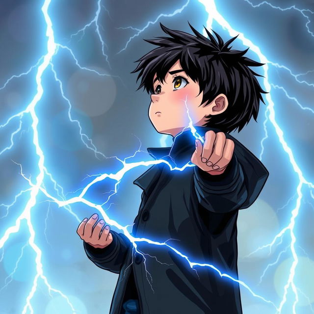 A 14-year-old boy with messy black hair and brown eyes, wearing a black coat and navy blue pants