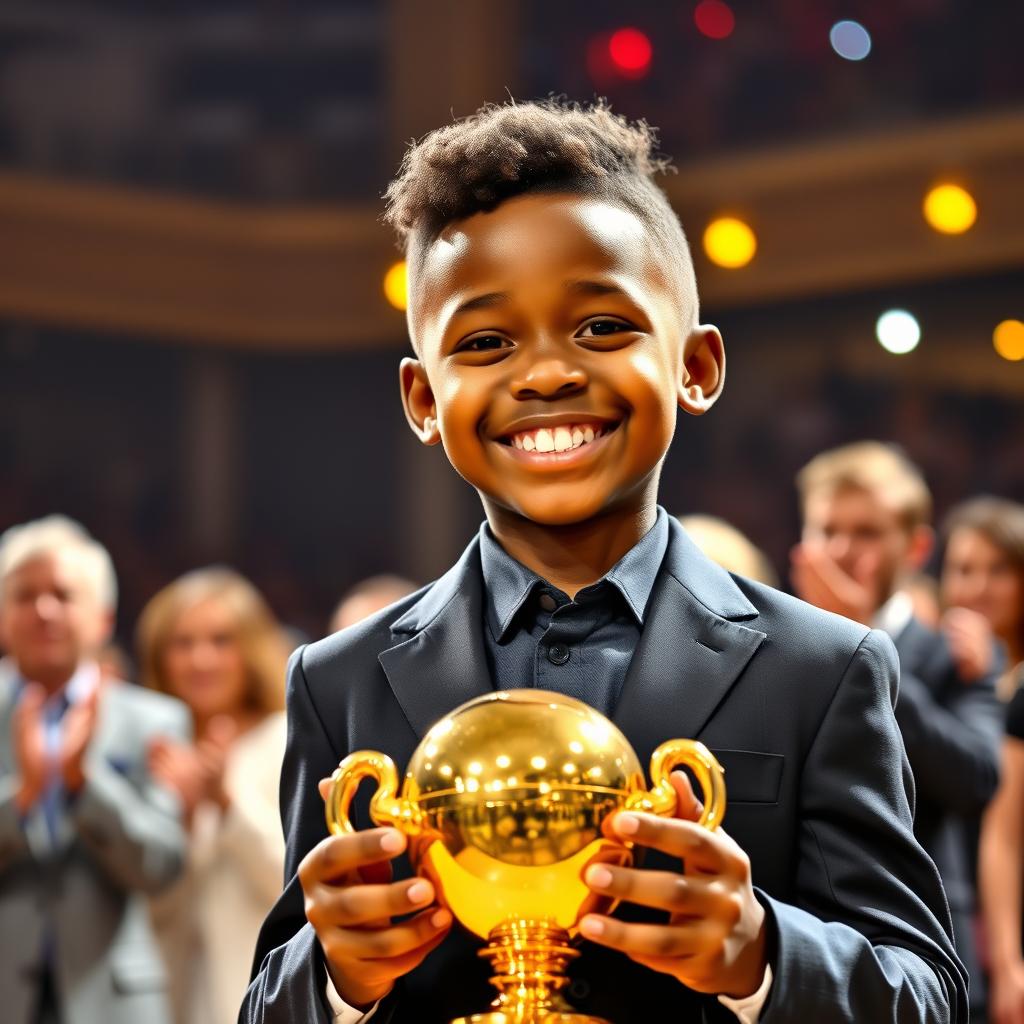 A young Black boy holding a golden football trophy with a look of joy and pride