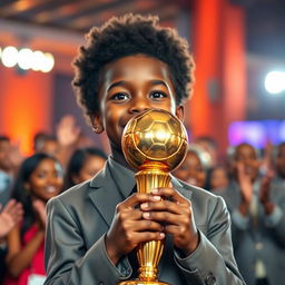 A young Black boy holding a golden football trophy with a look of joy and pride