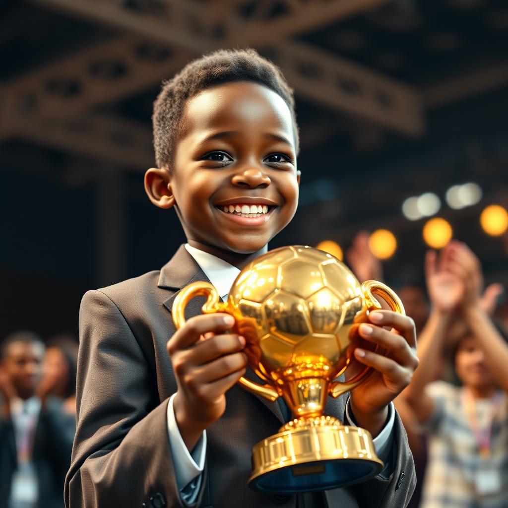 A young Black boy holding a golden football trophy with a look of joy and pride