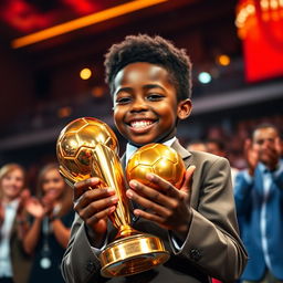 A young Black boy holding a golden football trophy with a look of joy and pride