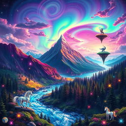 A vibrant, multicolored surreal landscape merging a mountain range, flowing river, and dense forest under a luminous sky, with a blend of swirling clouds and northern lights