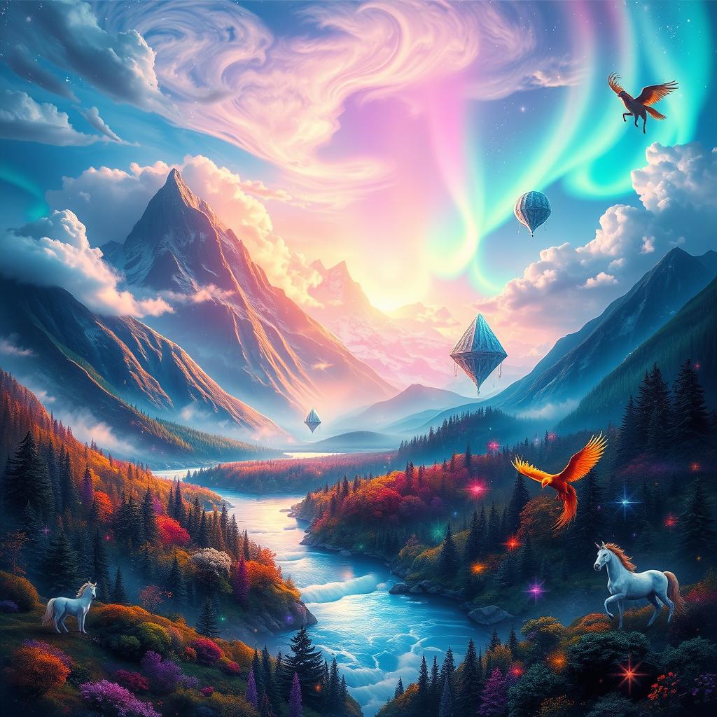 A vibrant, multicolored surreal landscape merging a mountain range, flowing river, and dense forest under a luminous sky, with a blend of swirling clouds and northern lights